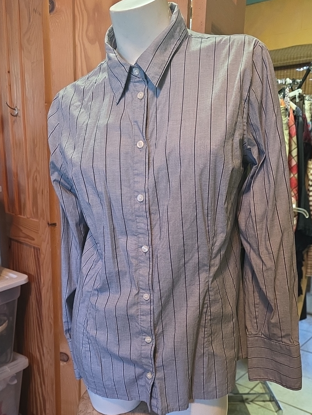 Apostrophe Gray Blue Vertical-Stripe Women's Button-Up Shirt
